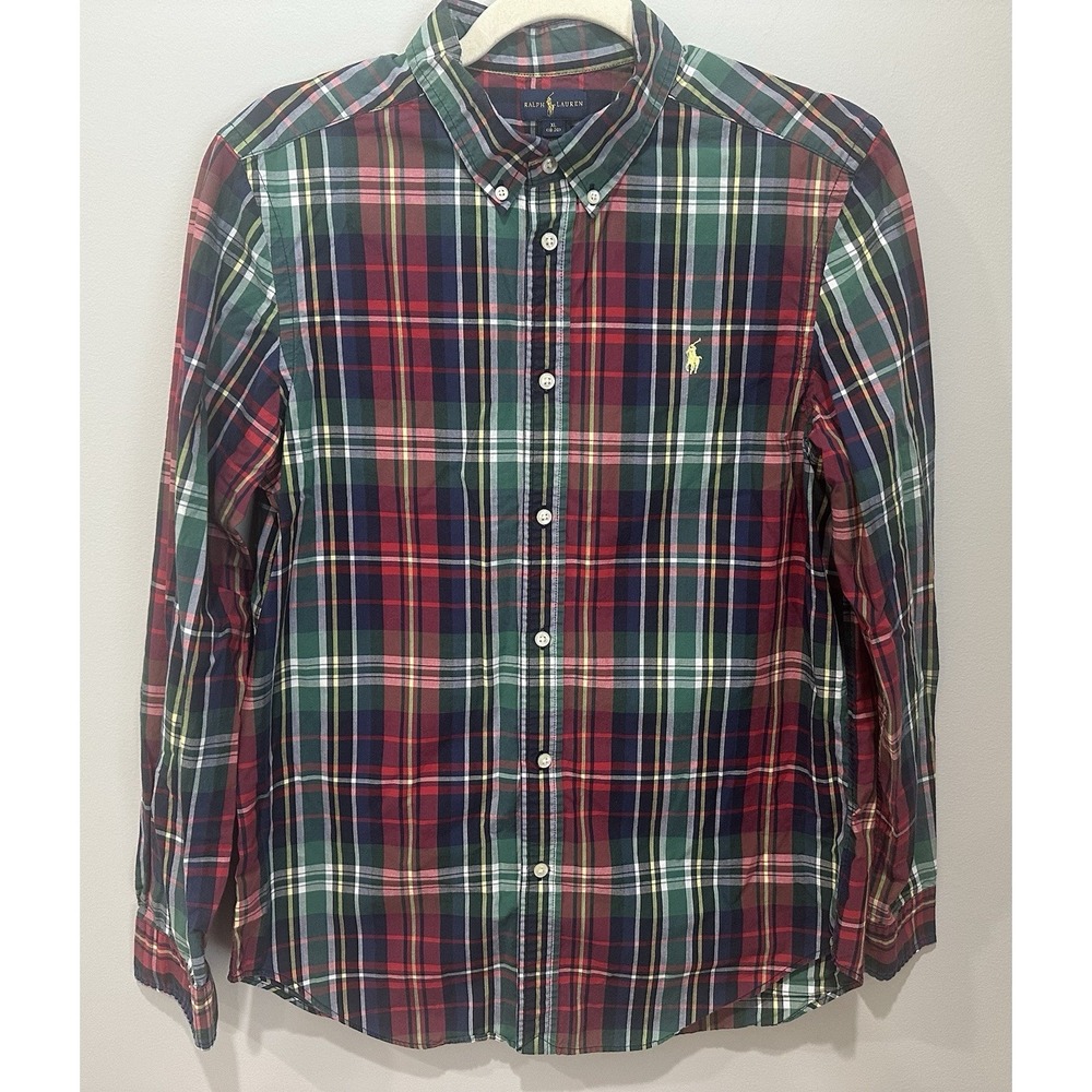 Ralph Lauren Boys XL 18-20 Plaid Button Down Shirt Red Green Blue 100% Cotton